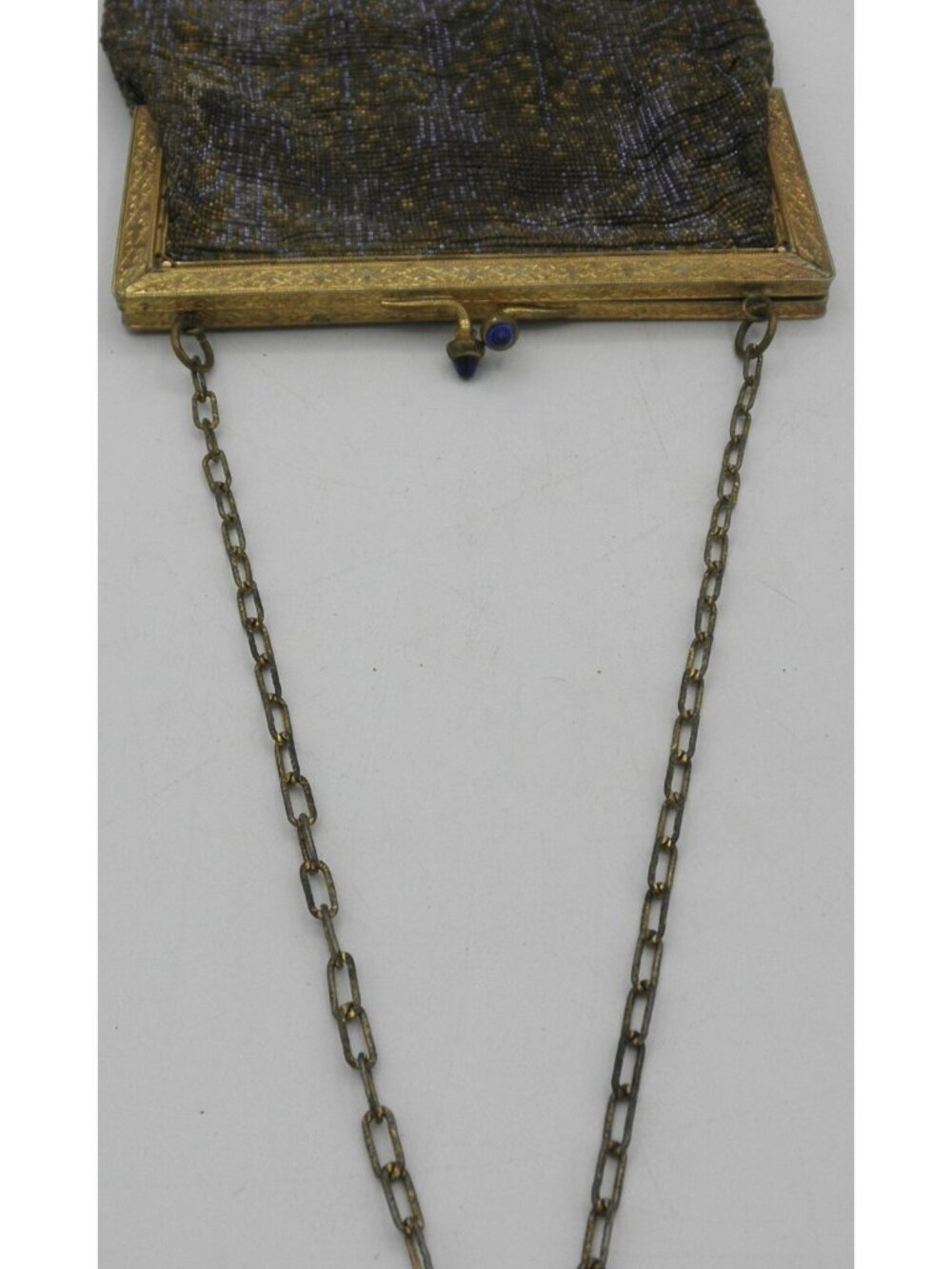 Vintage Antique Micro Beaded Purse Art Deco Evening Bag Gold Blue with Fringe - Picture 10 of 14